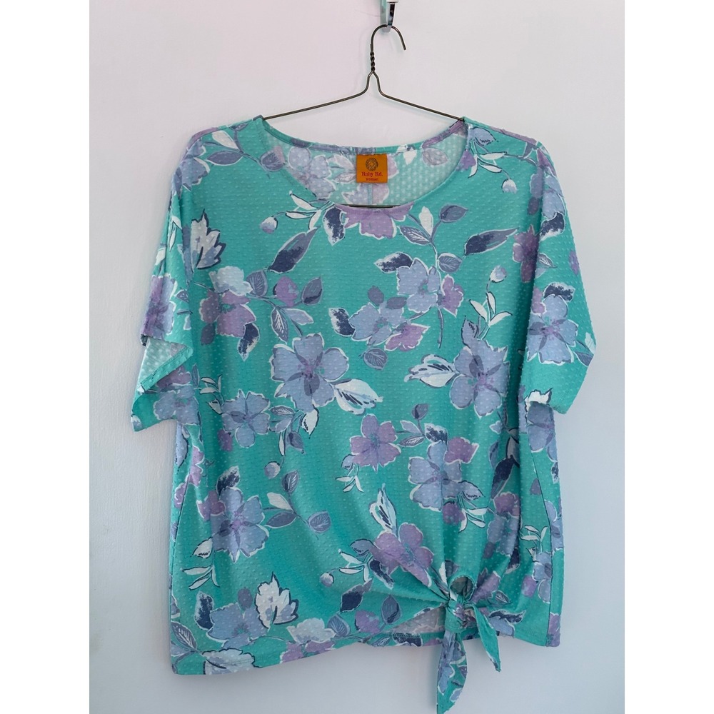 Ruby Rd Woman Teal Floral Swiss Dot Side Tie Knit Top Plus Size 2X